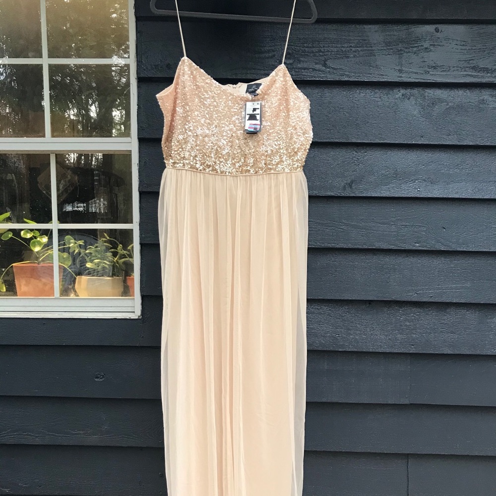 Adrianna Papell ivory and gold bridesmaids dress